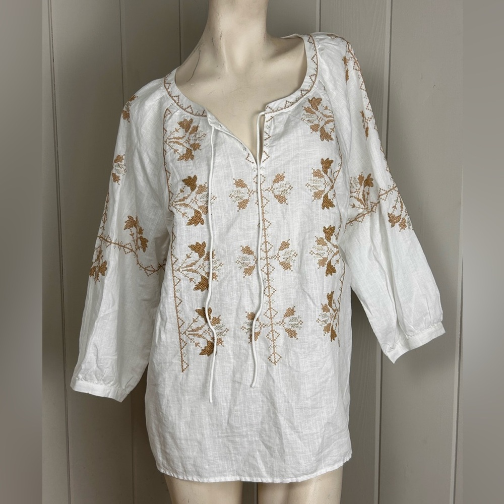 Talbots White Linen Blend Embroidered Tunic Top Boho Peasant Blouse Large - Picture 10 of 10